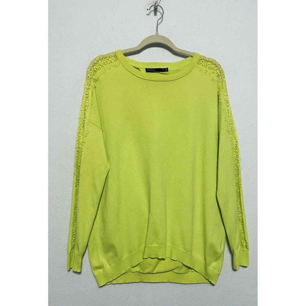 Karen Millen Size 4 US 10 12 Womens Neon Sweater Lace Inset Sleeves Split Back